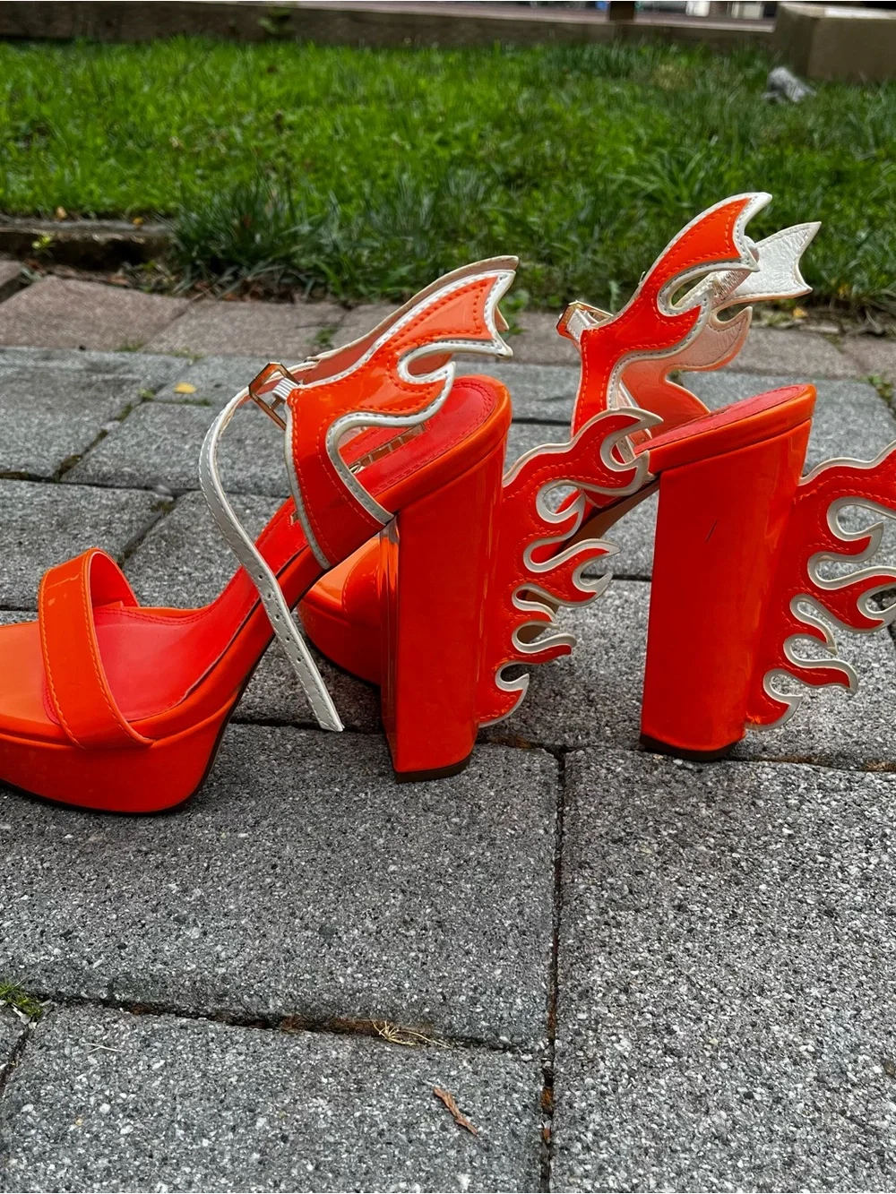 Lilana Dollskill Bold Orange Flame Platform Sandals with White Ankle Strap